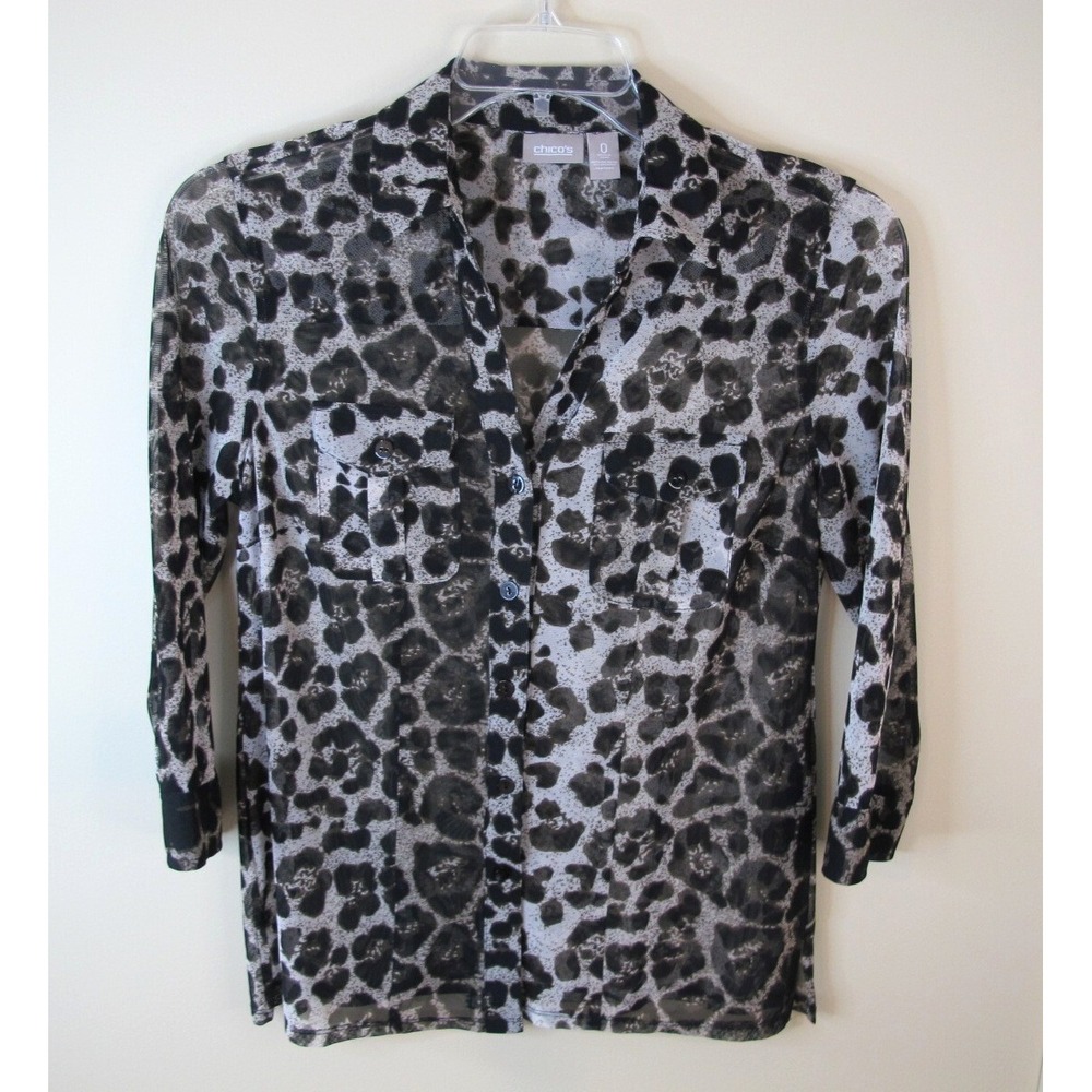 Chicos V-Neck Sheer Animal Print‎ 3/4 Sleeve Button Up Blouse Top Women's Size 0